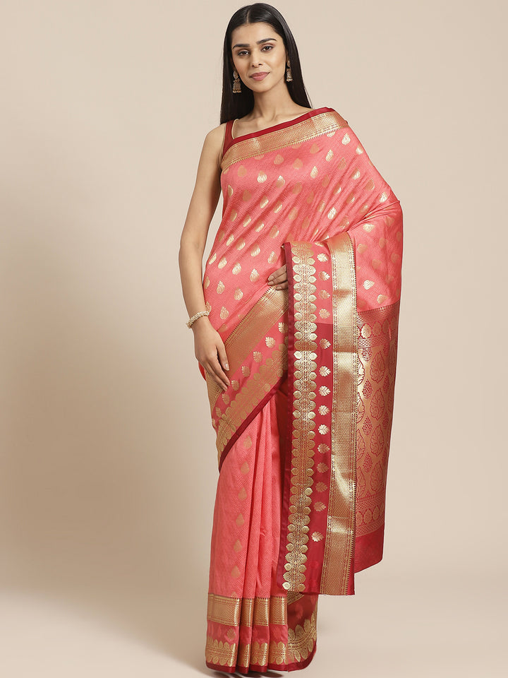 Traditional Banarasi Saree with Self Jacquard Weaving and contrast Maroon border
