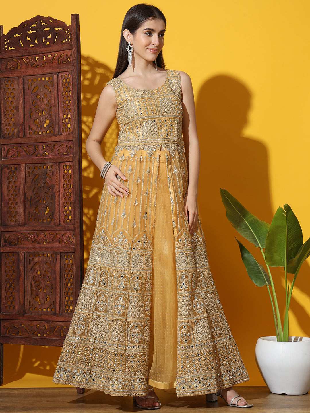 Chhabra 555 Mirror and Resham Embroidered Jacket Style High Slit Kurta with Flared Net Lehenga