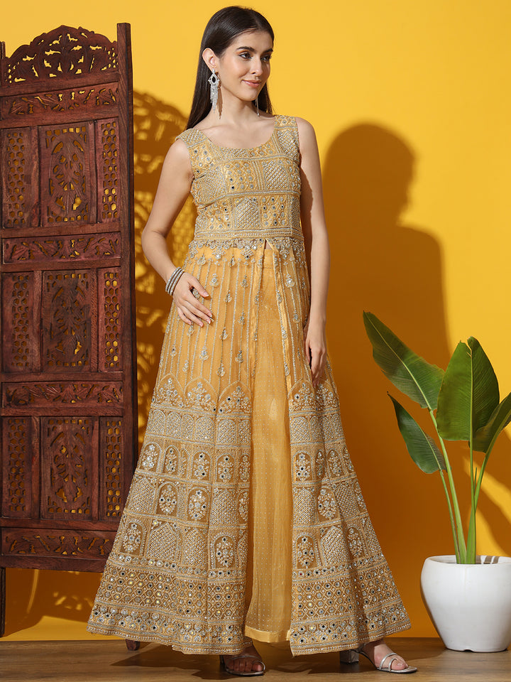Chhabra 555 Mirror and Resham Embroidered Jacket Style High Slit Kurta with Flared Net Lehenga