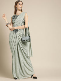 Ruffled Pre-Draped Shimmer Saree with Oxidised Embroidery and Embellished Net Blouse