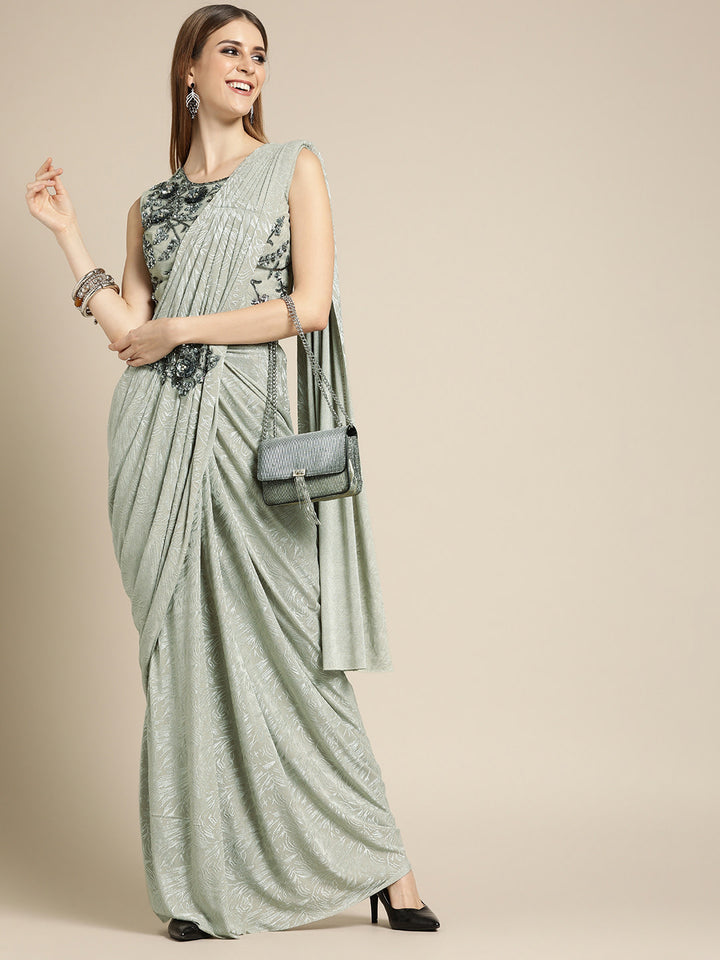 Ruffled Pre-Draped Shimmer Saree with Oxidised Embroidery and Embellished Net Blouse