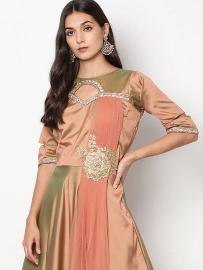 Chhabra 555 Made to Measure Pastel Applique Floral Embroidery Cocktail Gown with Cutouts and Attached dupatta
