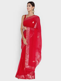 Red Chiffon Jaipuri Hand Emboidered Gotta Patti  Saree with Paisley Pattern