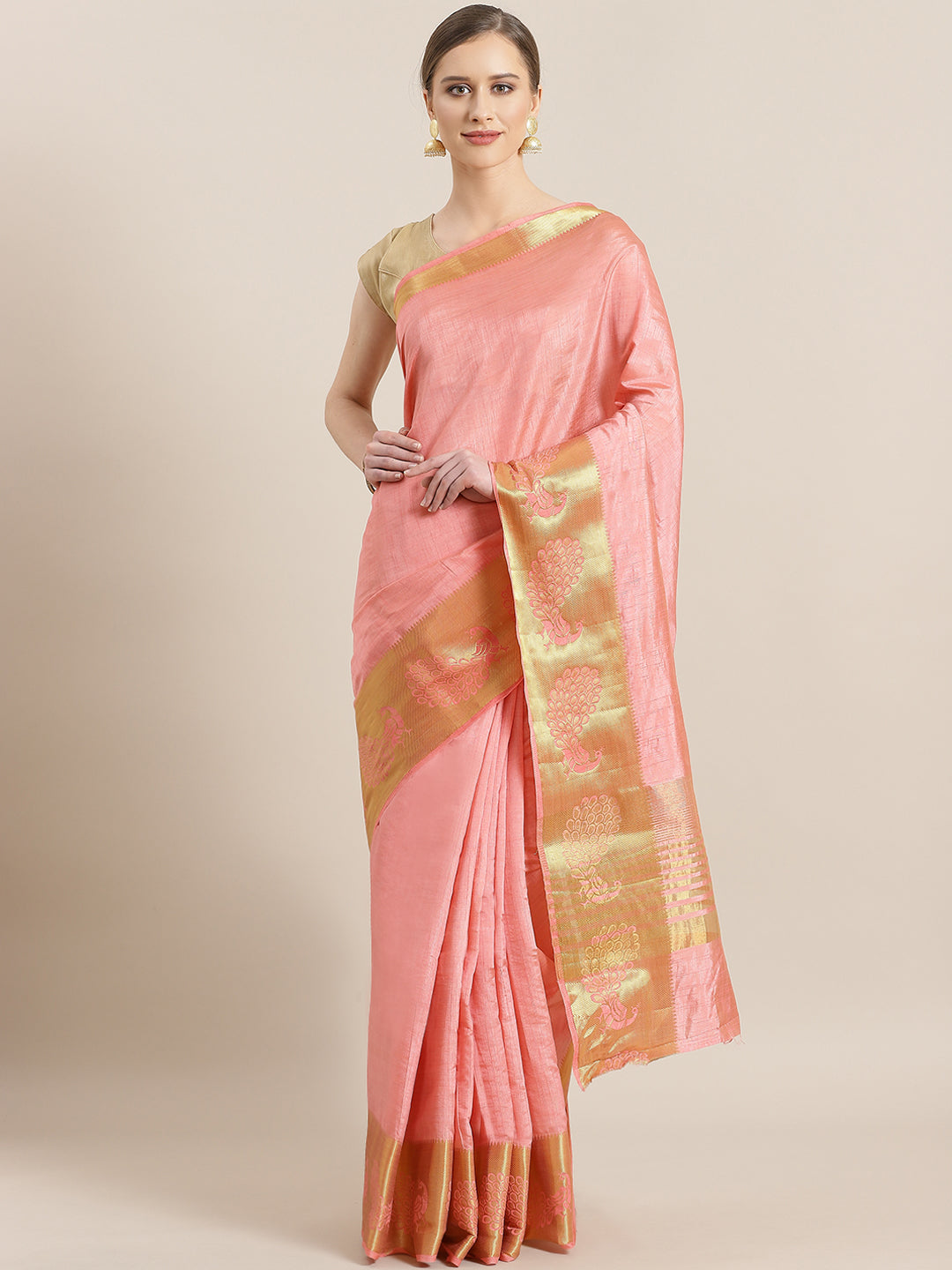 Chhabra 555 Dupion Silk saree with Zari Weaving Peacock Border and Rich Pallu