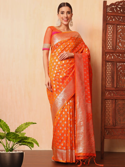 Chhabra 555 Orange Resham & Zari Woven Traditional Silk Banarasi Saree with Ethnic ambi Motifs 