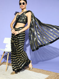 Chhabra 555 Black Stripes Gold Sequinned Bling Embellished Designer Cocktail Georgette Saree