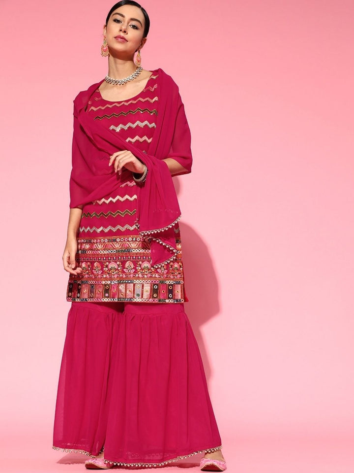 Made to Measure Resham Mirror Embroidery Sharara Suit Set & Beads Embellished Dupatta