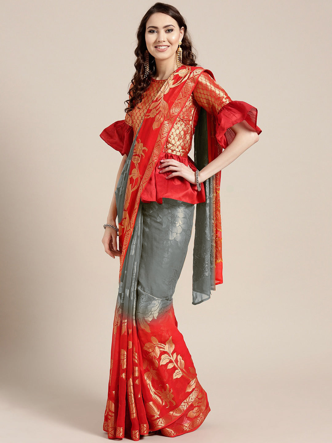 Chhabra 555 Grey And Red Ombre Khaddi Georgette Saree with Floral Zari Weaving

Color: Grey & Red

Type: NA Sarees

Pattern: Dyed

Pattern Type: Floral

Ornamentation: NA

Border: Woven Design

Fabric: Georgette

Saree: 5.35mtr., Width: 1.10 mtr, Blouse: 0.80 mtr
Dry Clean Only

The CAD image gives a detailed look of the actual blouse piece that comes with this saree. The blouse used by the model in the pictures is only for styling purpose.