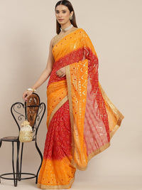 Chhabra 555 Mustard Red Ombre Bandhej Foil Printed Georgette Bridal Traditional Jaipuri Saree