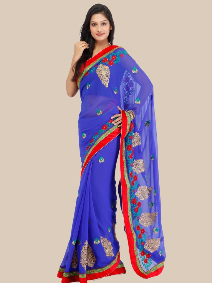 Royal Blue Georgette Sare with Zari Resham Floral Embroidery