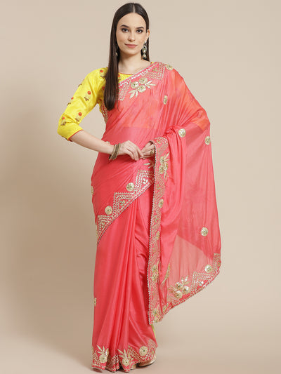 Chhabra 555 Peach Pink Chinon Crepe Gota Patti Embellished Saree With Contrast Blouse

Color: Coral

Type: NA Sarees

Pattern: Embellished

Pattern Type: Floral

Ornamentation: Gotta Patti

Border: Embroidered

Fabric: Poly Crepe

Saree length: 5.30 mtr., Width: 1.10 mtr, Blouse length: 0.80 mtr
Dry Clean only

The CAD image gives a detailed look of the actual blouse piece that comes with this saree. The blouse used by the model in the pictures is only for styling purpose.