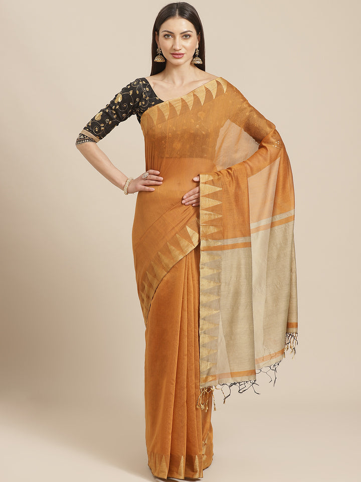 Mustard Venkatgiri Heritage of India Saree with Temple Weaving Border & Tassels
