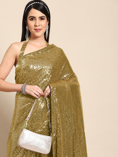 Chhabra 555 Metallic Gold Sequin Embellished Bling Lycra Cocktail Saree