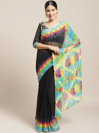Chiffon Bandhani Saree with Jaipur Leheriya Multicolor Print and Zari Gold Border