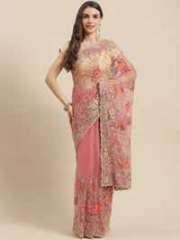 Chhabra 555 Pastel Peach Thread Embroidered Net Saree Embellished With Stone Work & Cutwork Border

Color: Rust

Type: NA Sarees

Pattern: Embroidered

Pattern Type: Floral

Ornamentation: Embroidered

Border: Embroidered

Fabric: Net

Saree length: 5.50 mtr., Width: 1.10 mtr, Blouse length: 0.70 mtr
Dry Clean

The CAD image gives a detailed look of the actual blouse piece that comes with this saree. The blouse used by the model in the pictures is only for styling purpose.