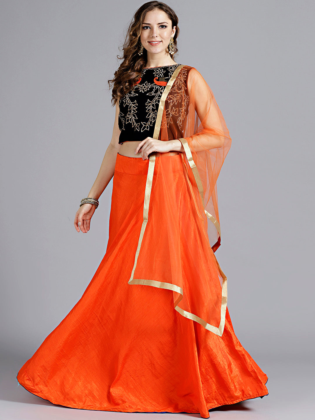 Chhabra 555 Orange and Blue Silk Embellished Crop top Lehanga With Swarovski and thread Work and Heavy work in velvet choli and tassels with Dupatta
