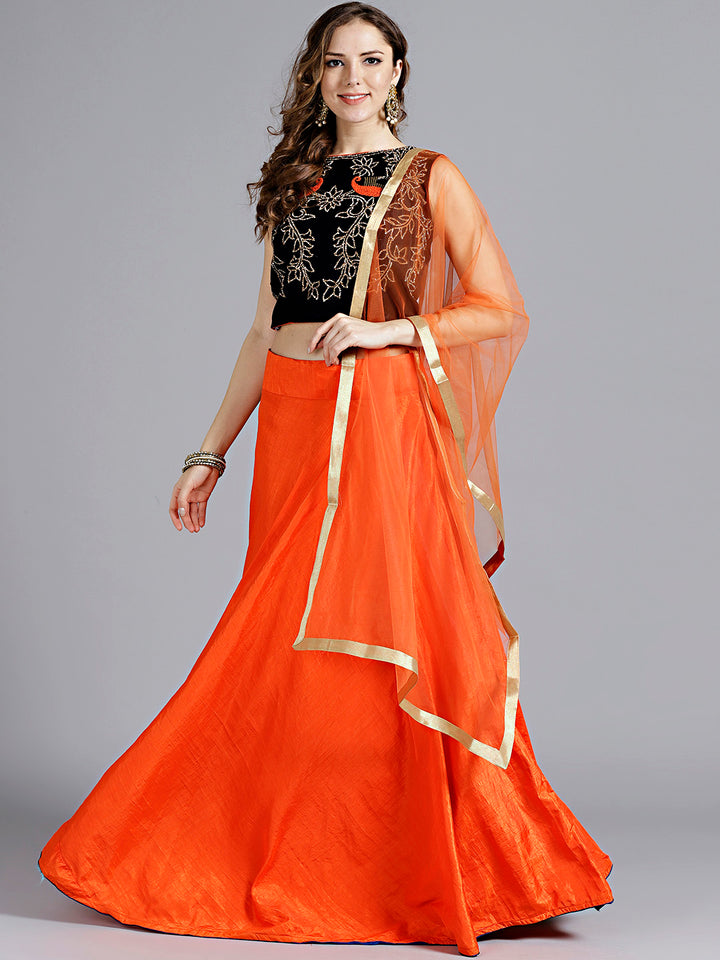 Chhabra 555 Orange and Blue Silk Embellished Crop top Lehanga With Swarovski and thread Work and Heavy work in velvet choli and tassels with Dupatta