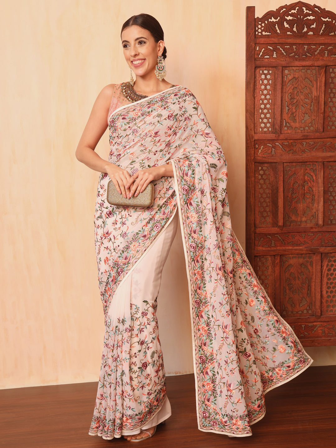 Chhabra 555 Cream Parsi Resham Embroidery Saree with Intricate Floral Motifs