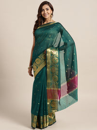 Chhabra 555 Teal Chanderi Silk saree with Zari and Meenakari weaving in a floral pattern
