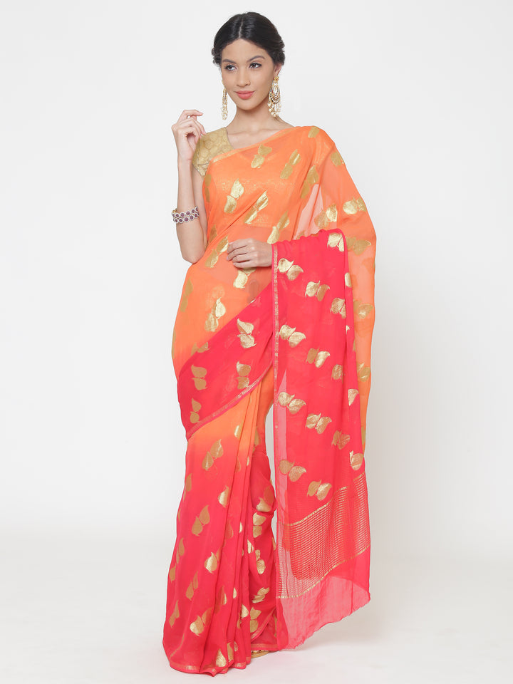 Mysore Georgette Peach to Pink ombre dyed saree with Leaf shaped weaved motifs