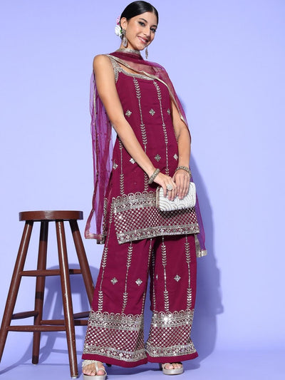 Chhabra 555 Sequin & Zari Embroidered Kurta Palazzo Set with Lace Shoulder straps