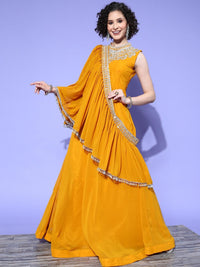 Zircon Embellished Halter Neck Flared Gown with Draped Tassled Dupatta