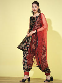 Chhabra 555 Made-to-Measure Black Floral Printed Georgette Peplum With Patiala & Net Dupatta Set