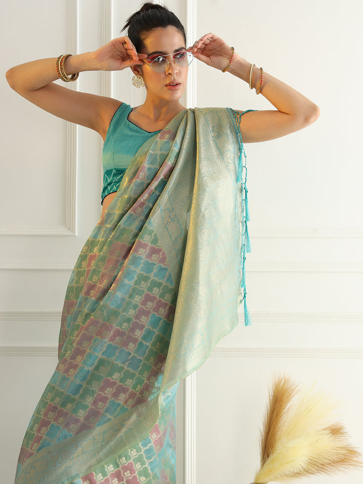 Chhabra 555 Banarasi Chanderi Saree with Multi Color Ombre style Resham Motifs