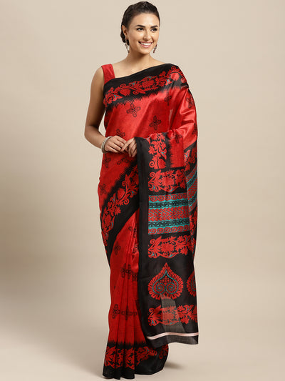 Chhabra 555 Red and Black Bhagalpuri Printed Art Silk Saree