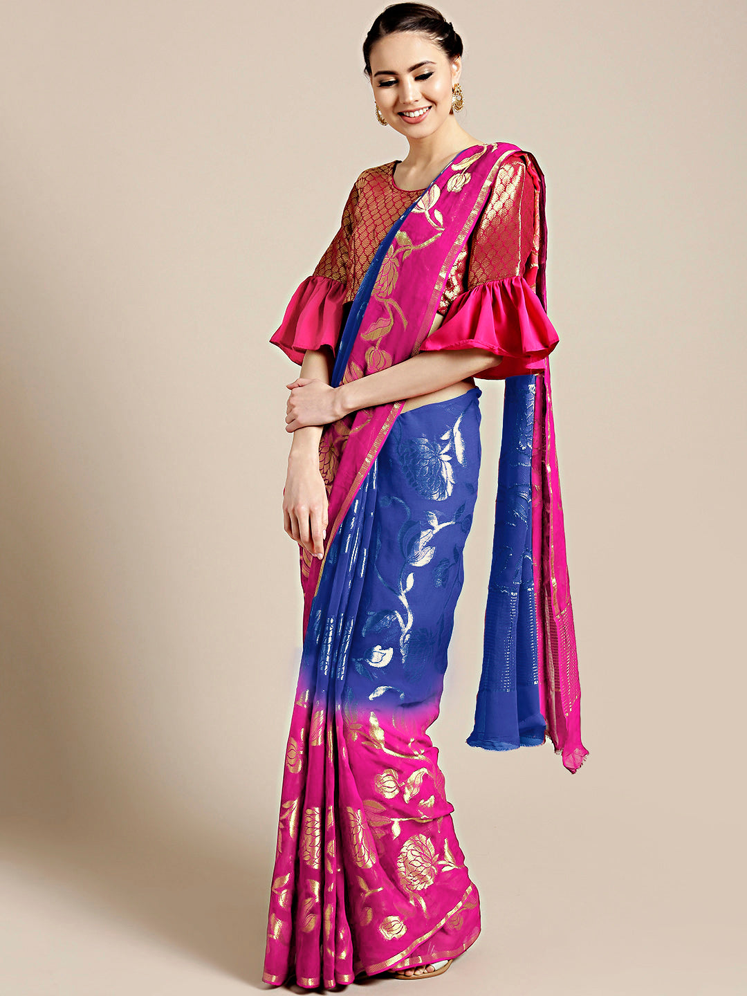 Chhabra 555 Pink Blue Ombre Banarasi Khaddi Georgette Saree with Floral Zari Weaving

Color: Pink and Blue

Type: Banarasi Sarees

Pattern: Woven Design

Pattern Type: Ombre

Ornamentation: Zari

Border: Zari

Fabric: Georgette

Saree: 5.4 mtr., Width: 1.10 mtr, Blouse: 0.80 mtr
Dryclean Only

The CAD image gives a detailed look of the actual blouse piece that comes with this saree. The blouse used by the model in the pictures is only for styling purpose.
