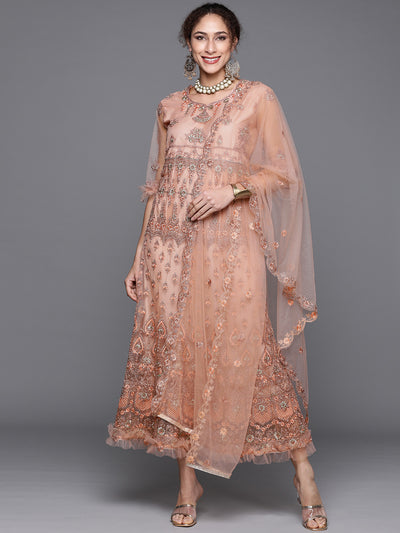 Chhabra 555 Semi-Stitched Peach Zari Embellished Floor Length Ruffled Net Gown & Embroidery Dupatta