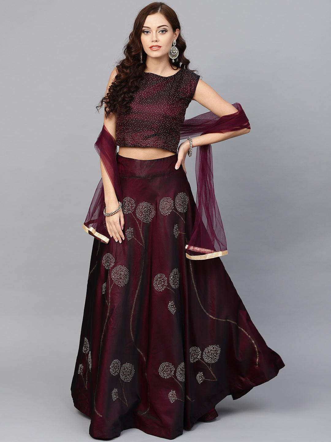 Chhabra 555 Made to Measure Burgundy Silk Croptop Lehenga with Floral Foil Print and Embllishments