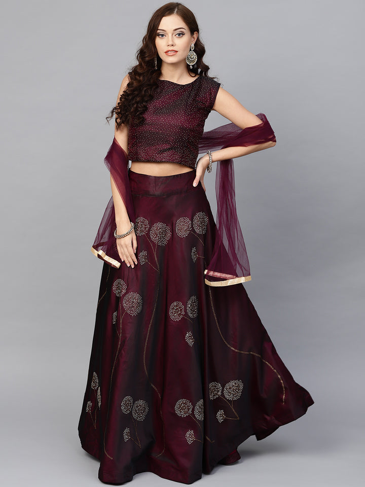 Chhabra 555 Made to Measure Burgundy Silk Croptop Lehenga with Floral Foil Print and Embllishments