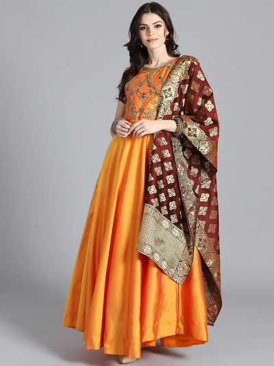 Chhabra 555 Orange and Maroon Embroidered Flared Suit with Zari Woven Banarasi dupatta