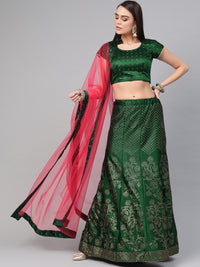 Chhabra 555 Green PInk Silk Semi-stitched Lehenga set with Intricate crystal embroidery in floral motifs