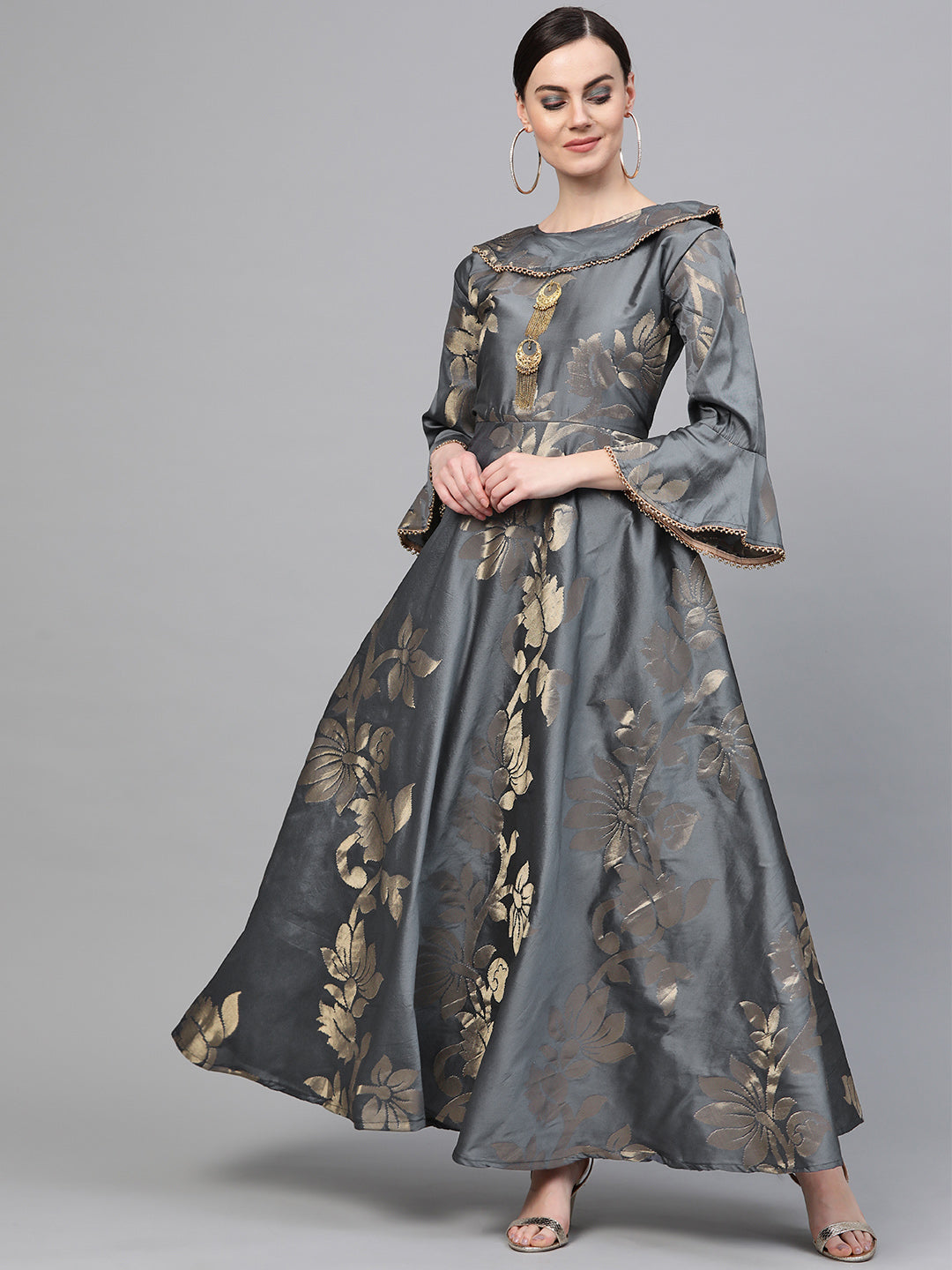 Chhabra 555 Made to Measure Anarkali Kurta Dress with Zari Weaving, Cape style Neckline and bell sleeves