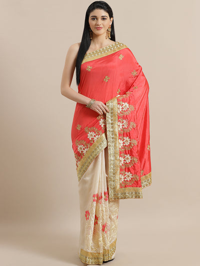 Chhabra 555 Chanderi Half and Half Silk saree with Floral Resham Embroidery and Broad Woven border