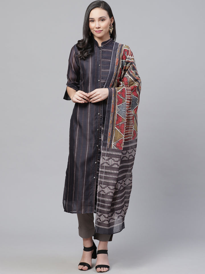 Chanderi Silk Dress Material with Digital Handloom & Indie Print with Maheshwari Dupatta