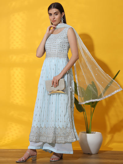 Chhabra 555 Turquoise Pleated Nyraa Style Kurta Set with Zari Embroidery & Mirror Embellishments