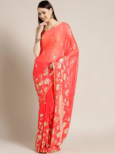Chhabra 555 Coral Chiffon Hand-dyed saree with Gold Foil Printed Floral Tulip Pattern