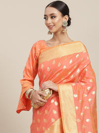 Chhabra 555 Peach Ethnic Motifs HandWoven Organza Silk Saree with Gold Zari Border