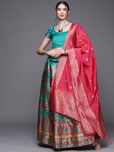 Chhabra 555 Teal Semi Stitched Banarasi Brocade Silk Lehenga with Zari & Resham Weaving