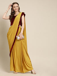 Chhabra 555 Mustard Ruffled Pre-Draped Lycra Saree with Frills and Maroon Velvet Sequin Blouse