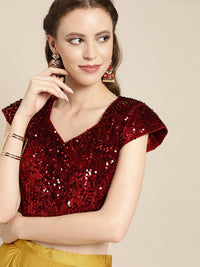 Red Stylized Sequinned Saree Blouse