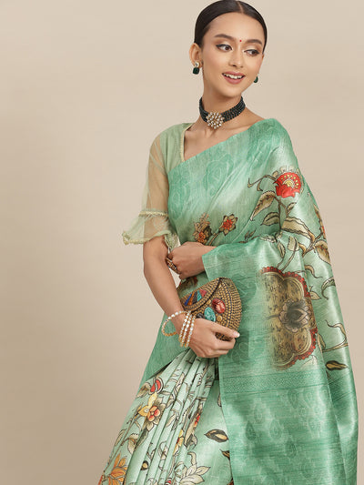 Chhabra 555 Teal Green Floral Digital Printed Jute Silk Saree With Paisley Woven Border & Blouse