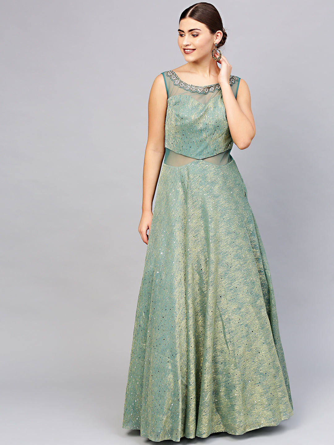 Chhabra 555 Made to Measure floor length Cocktail Gown in textured sequinned Tissue fabric and Zircon embellished neckline