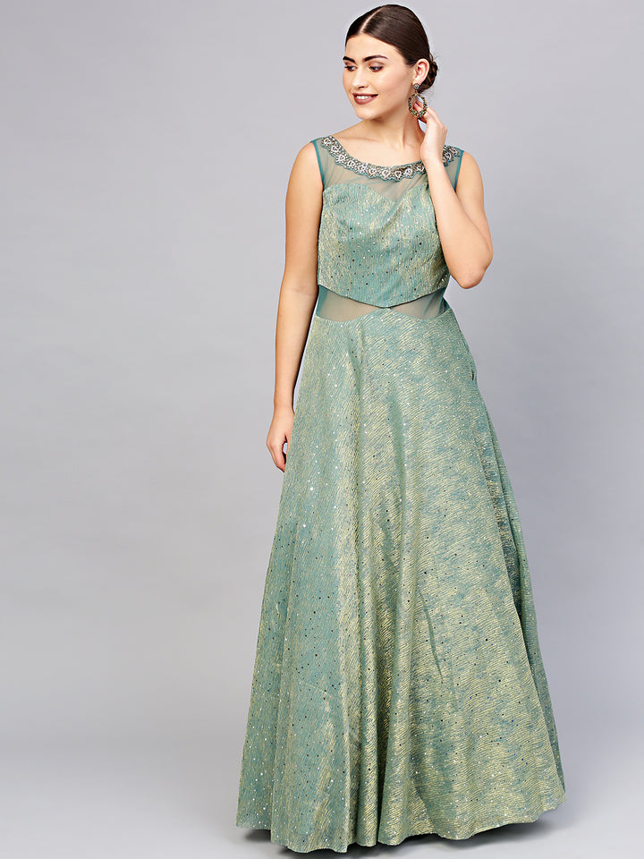 Chhabra 555 Made to Measure floor length Cocktail Gown in textured sequinned Tissue fabric and Zircon embellished neckline