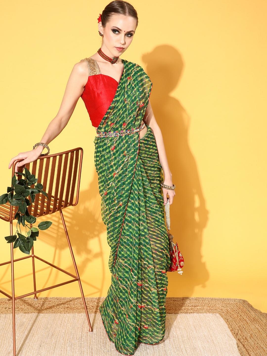 Chhabra 555 Jaipuri Leheriya Print Embroidered Georgette Saree With Multicolor Belt, Gota,Tassel 