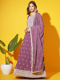 Chhabra 555 Purple Resham Chikankari Pleated Flared Georgette Gown with Embroidered Dupatta
