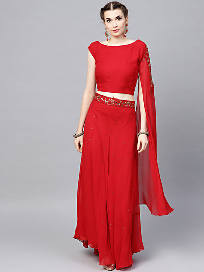 Chhabra 555 Red Embellished Crop-top Lehenga Set with Asymmetrical one-sided sleeve